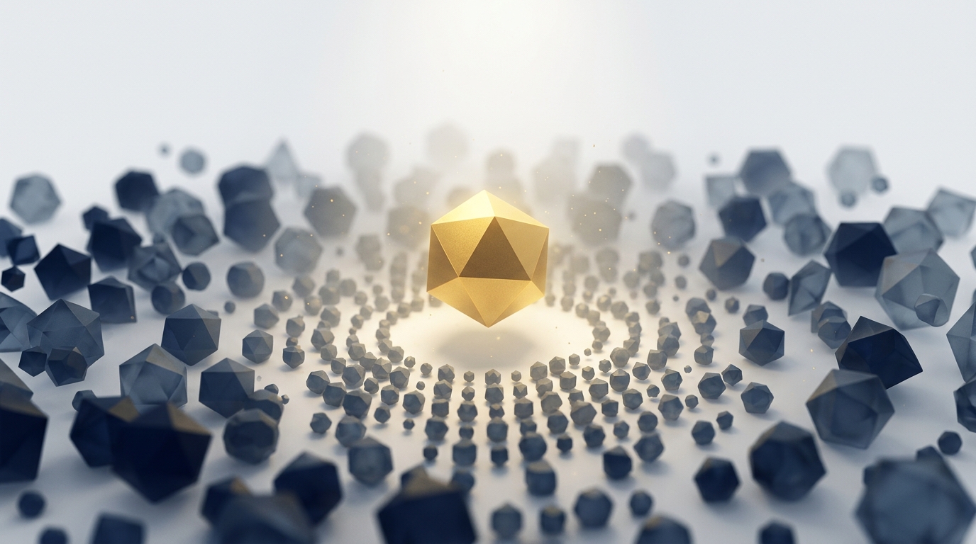 Abstract geometric 3D render: a single illuminated gold polyhedron at the center of concentric rings of dimmer navy and steel-gray polyhedra, evoking the shift from sprawling AI deployment to a single point of named ownership and supervision.