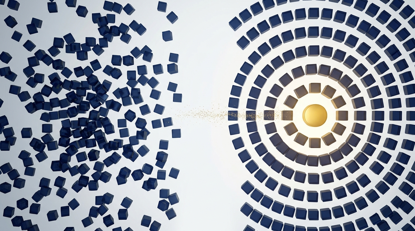 Editorial diptych: scattered loose navy cubes on the left, the same cubes reorganized into precise concentric rings around a luminous gold core on the right, with a fine gold particle trail bridging the two sides. Represents the market shift from deployment as the scarce resource to supervision as the scarce resource.