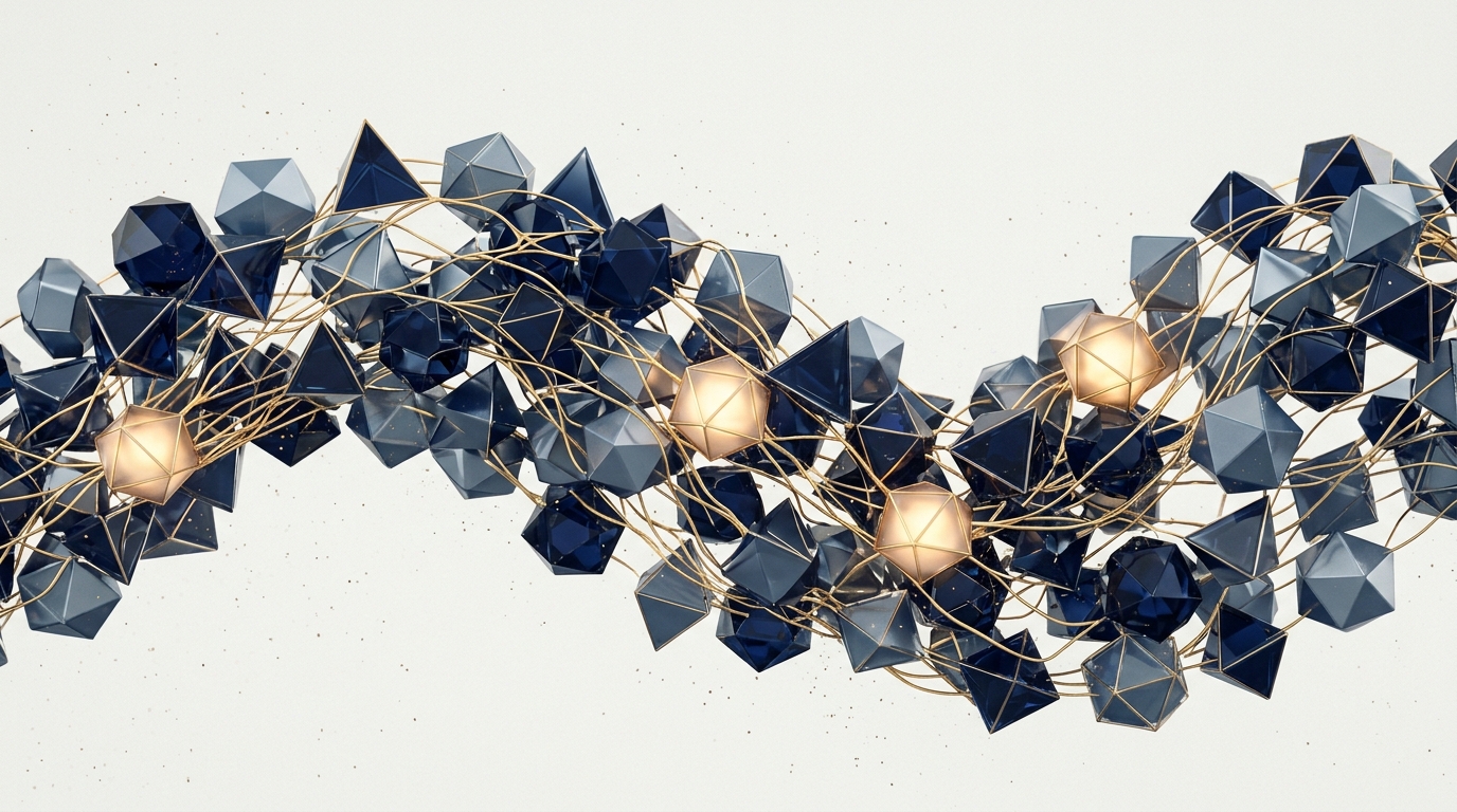 Abstract geometric 3D render: an interlocking lattice of glassy navy polyhedra arranged in a flowing wave, with delicate gold filaments threading between them and a few nodes glowing softly with warm light. Represents the coding-agent harness as a connected workflow architecture.