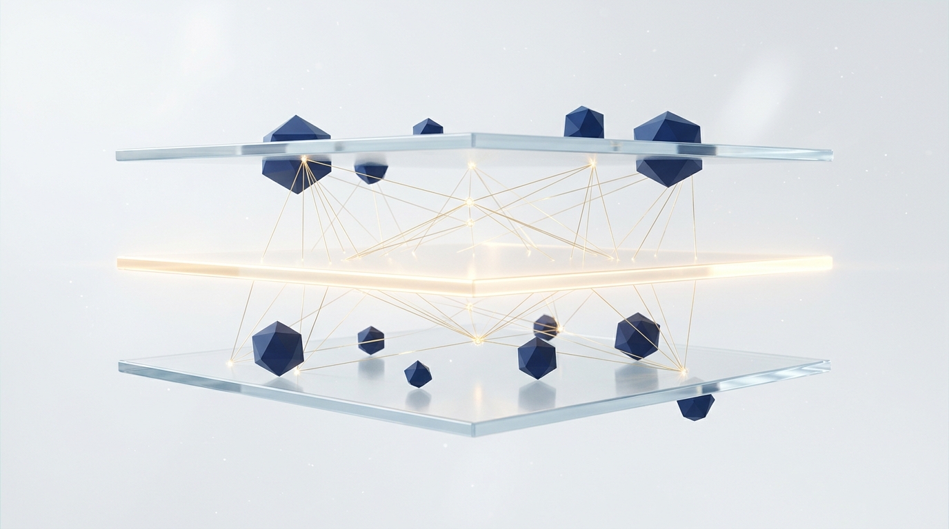 Editorial 3D render: three translucent horizontal glass planes stacked in midair, the middle plane edged in soft gold light, with slim gold filaments connecting nodes across the planes. Represents the load-bearing orchestration layer in the modern coding-agent stack.