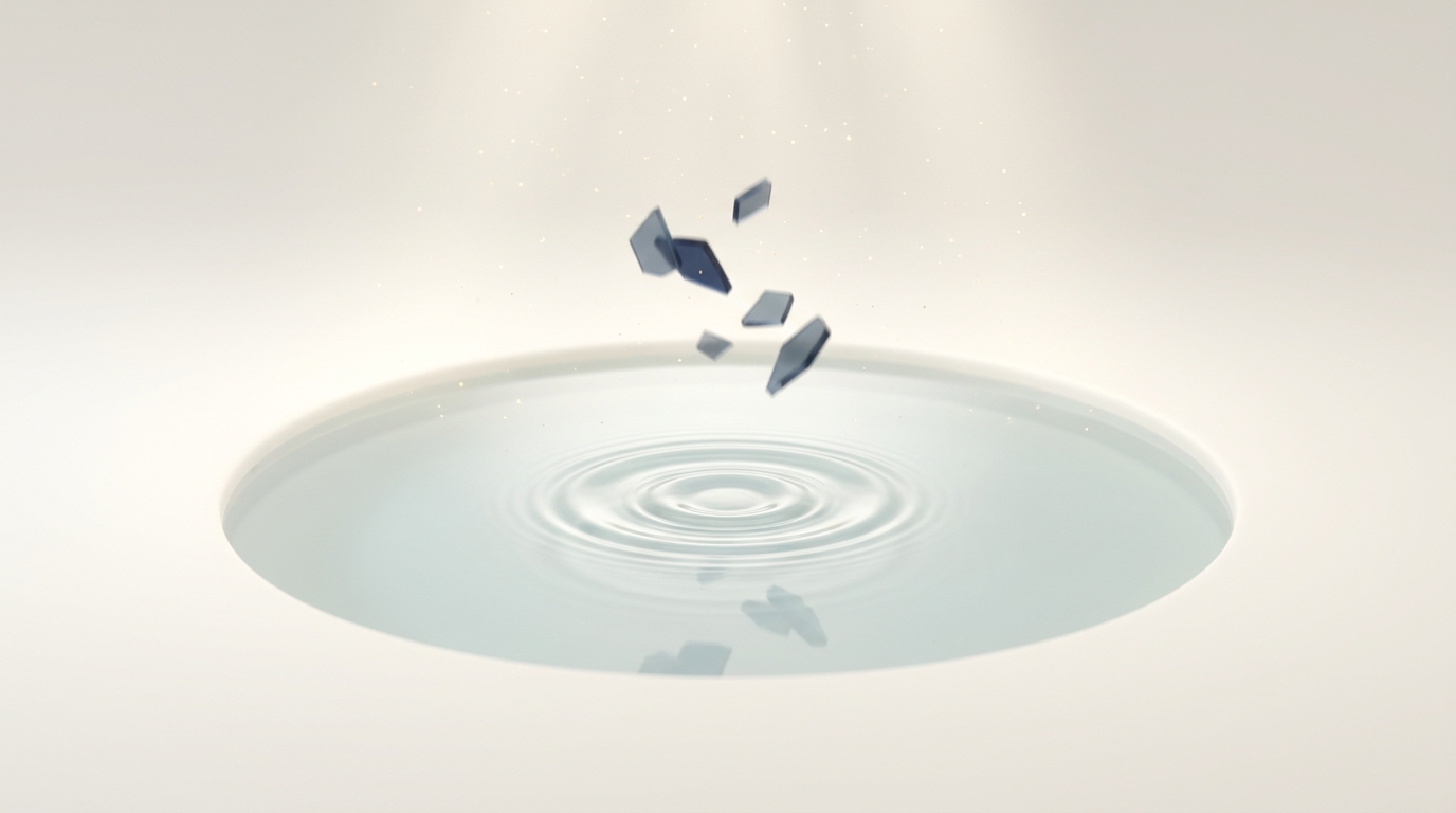A single still pool of pale water with one quiet ripple expanding outward, set in a soft bone-white expanse with translucent navy fragments and fine gold particles drifting in the light.