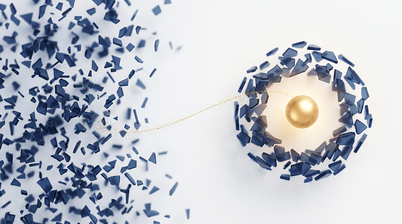 Editorial diptych of scattered navy fragments on the left settling around a single luminous gold sphere on the right, separated by a corridor of soft white light.